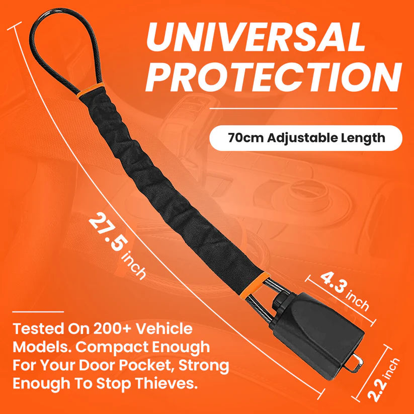 Black vehicle security strap with measurements and text on an orange background
