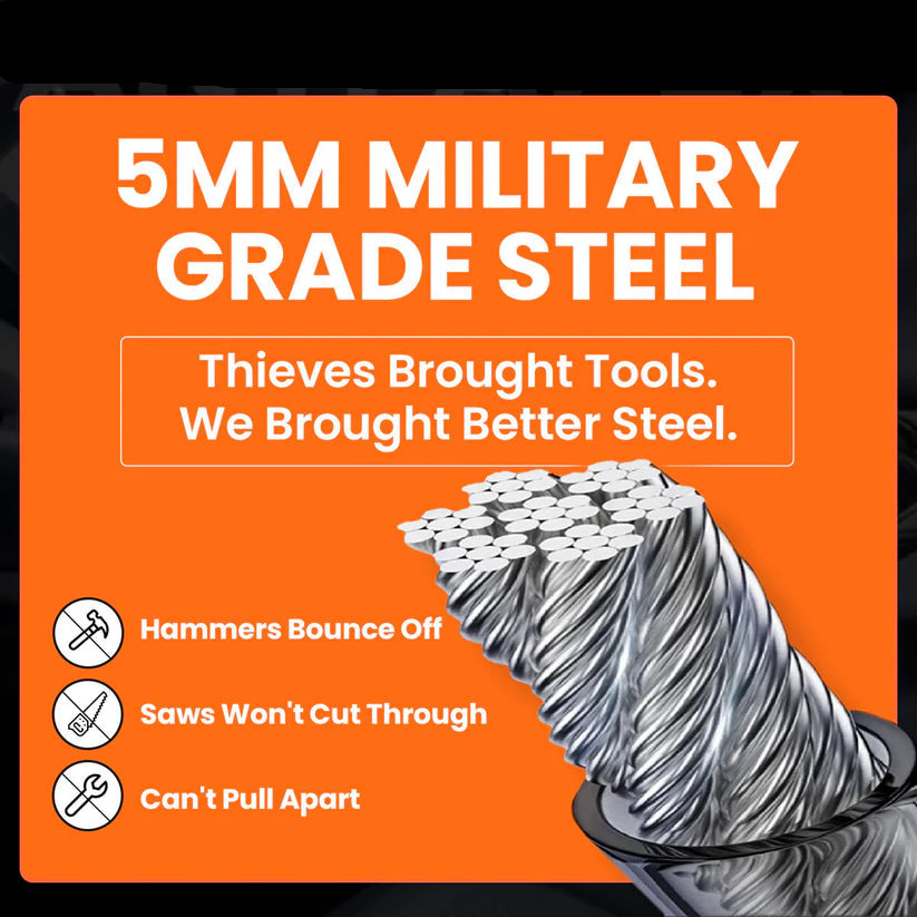 AutoGuardz vehicle security product with 5mm military-grade steel on an orange background