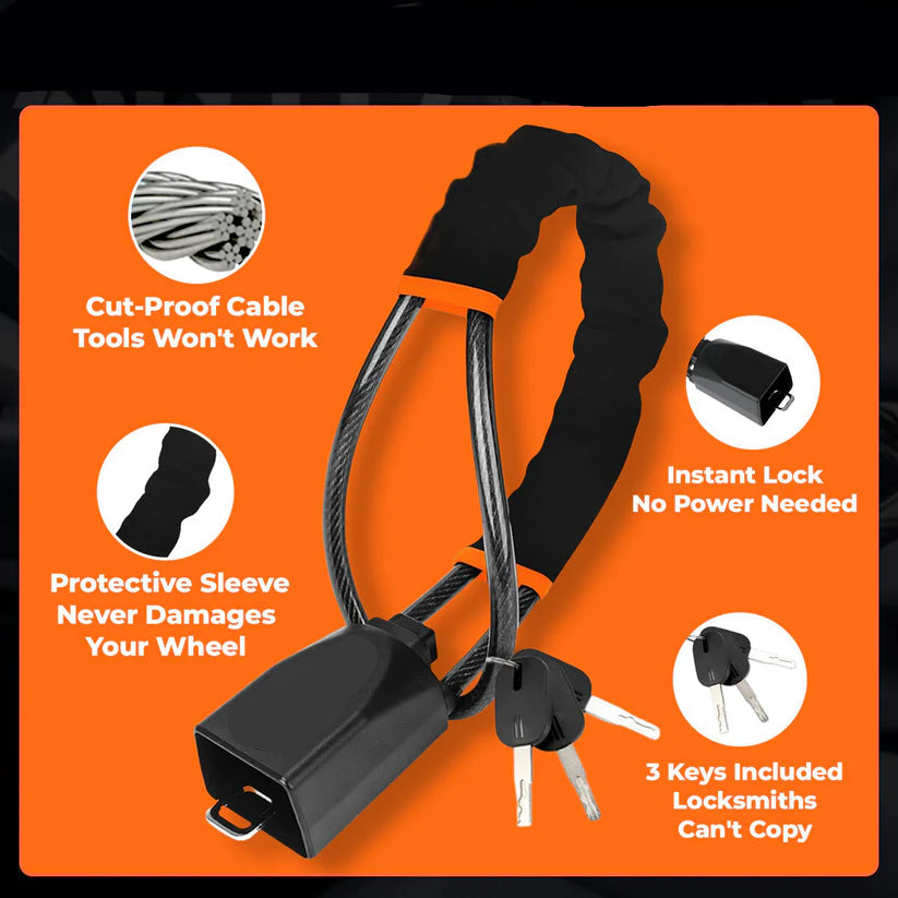 AutoGuardz vehicle security cable lock with features highlighted on an orange background
