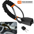 Car security lock with cable and key, featuring a police-recommended brand label.